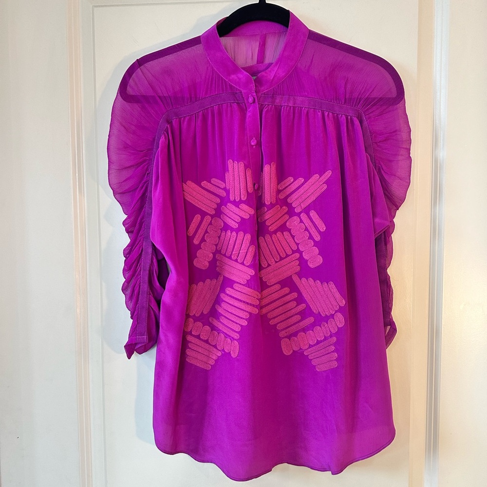 Sachin + Babi Magenta 100% Silk 1/4 Button Up Puff ruffle Sleeve Top, Size XS